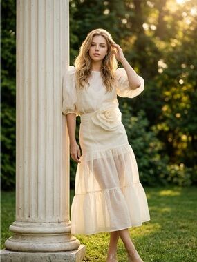 Cream midi maxi skirt flower belt organza flowy shimmery small nwt by Mulla